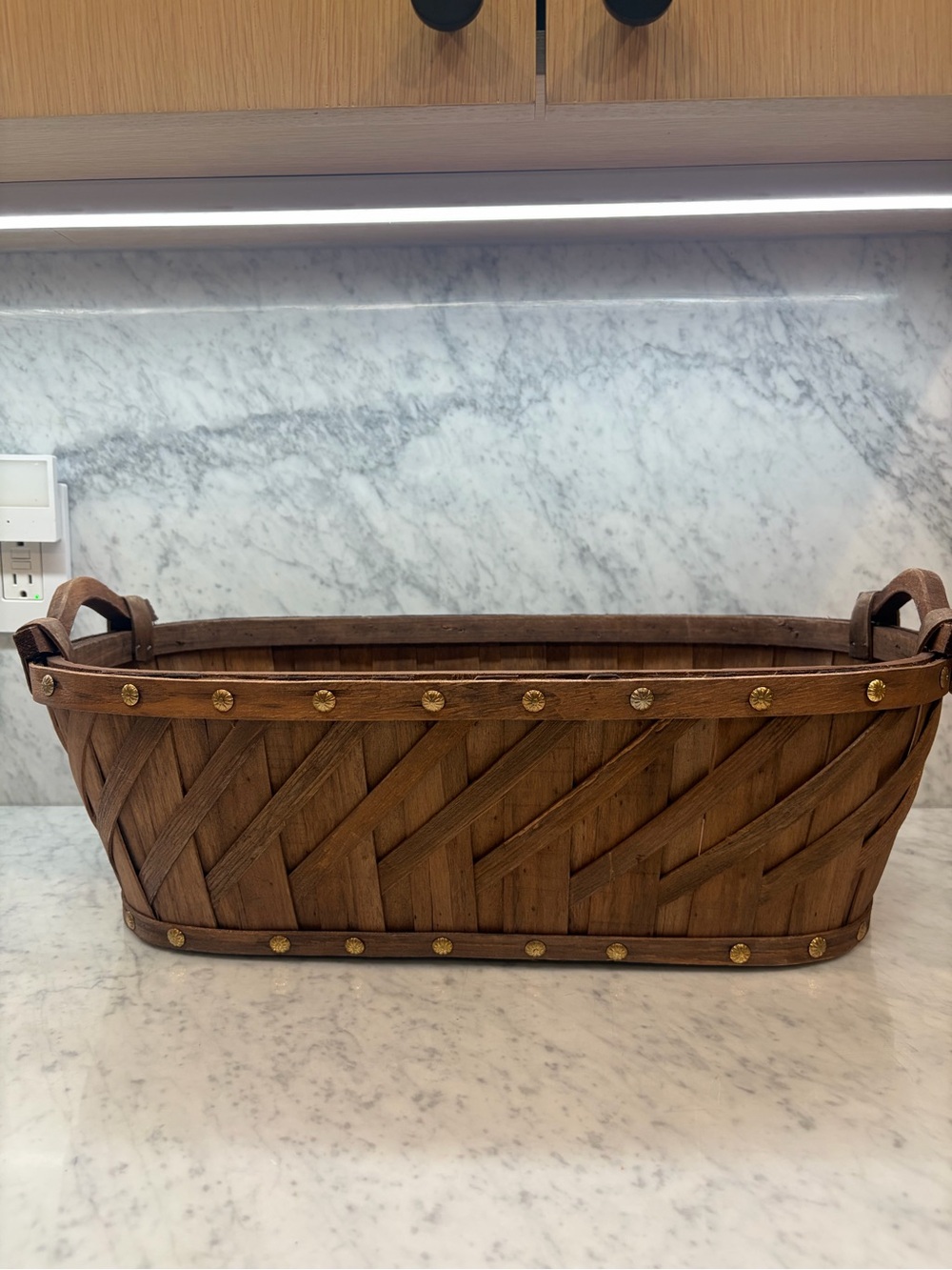 Large Rustic Woven Wood Basket Brass Studs Handles 23” Farmhouse Decor